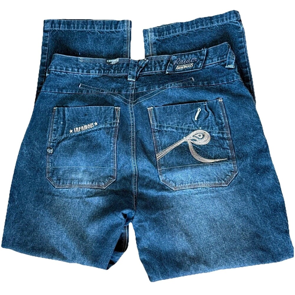 Raider Jeans Mens 38X32 Baggy Wide Leg Embroidered Denim Blue Grunge Y2K